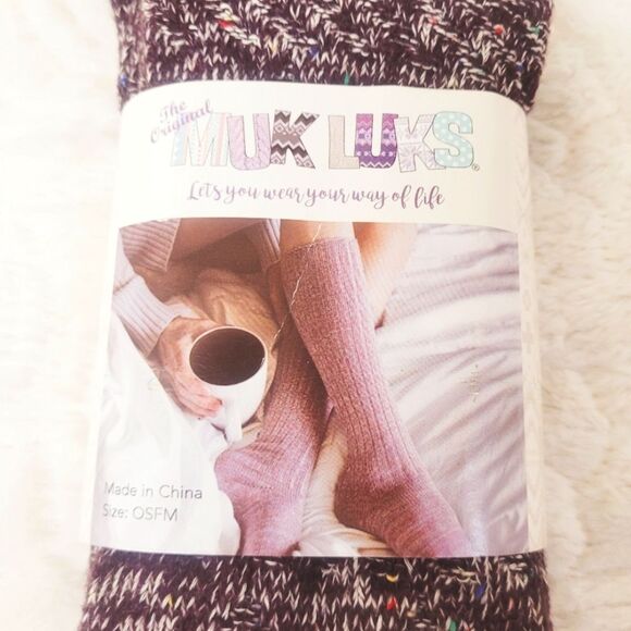 Original Muk Luks Knee High Socks 1 Pair Eggplant Multi Color Confetti OSFM New - Picture 4 of 6